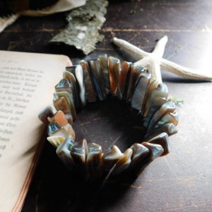 Calypso. Mother of Pearl Abalone Spikes Stretch Cuff Bracelet . Iridescent Shell tooth beaded boho ooak sage green jewelry image 3