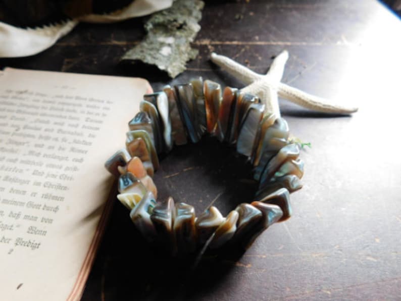 Calypso. Mother of Pearl Abalone Spikes Stretch Cuff Bracelet . Iridescent Shell tooth beaded boho ooak sage green jewelry image 3
