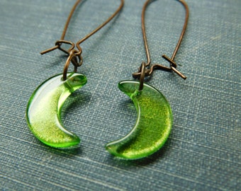 Lichen Moon | Small Sparkly Lime Green Glass Crescent moons & Antiqued Copper earrings  #FestiveEtsyFinds