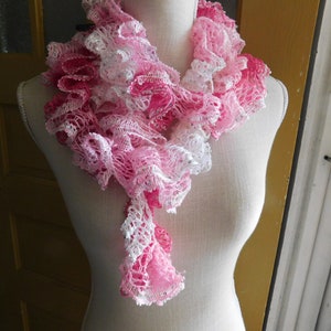 Echos. Prom Sashay Frilly Boho Urban Scarf. Sparkly Ombre white, pink, hot pink,  textile scarf. Extra long fashion scarf . Neck wrap