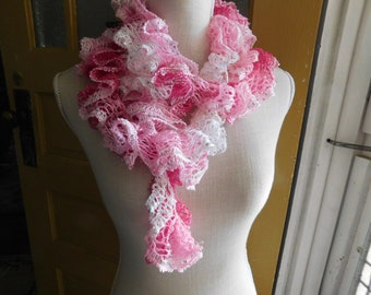 Echos. Prom Sashay Frilly Boho Urban Scarf. Sparkly Ombre white, pink, hot pink,  textile scarf. Extra long fashion scarf . Neck wrap