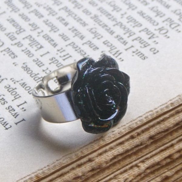 Lydia . Black Sparkly glittery Rose Adjustable Ring  #FestiveEtsyFinds