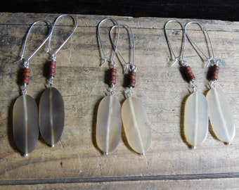 Bone Feather. Tribal earrings, boho earrings, long dangle earrings, Polished Horn Bone & Burnt Sienna Turquoise Heishi Beads.