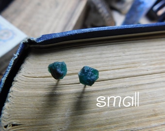 The Twilight Meadow Earrings. Small size. Genuine Emerald Raw Rough Specimens & titanium post earrings. Ear studs. simple delicate romantic