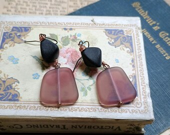 Reindrake | Ancient Roman cultured Sea Glass earrings. Black & dusty Mauve glass dangle earrings