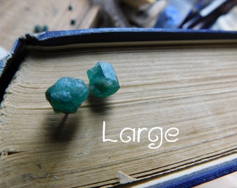 The Twilight Meadow Post Earrings. Genuine huge Emerald Raw Rough Specimens & titanium earrings. Ear studs. simple green stones specimens