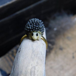 Hedgehog ring. Mini resin hedgehog on gold tone brass adjustable ring. Kawaii. cute. happy. kids ring. FestiveEtsyFinds image 3