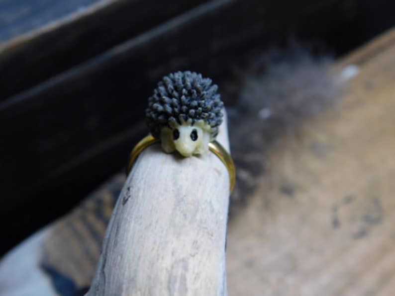 Hedgehog ring. Mini resin hedgehog on gold tone brass adjustable ring. Kawaii. cute. happy. kids ring. FestiveEtsyFinds image 3
