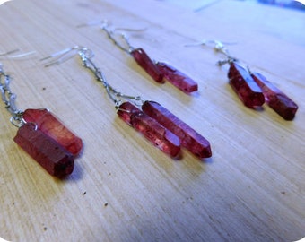 Alien Blood. Red crystal earrings,  Luminous Rough Raw red aura quartz,  Long dangles, Edgy Occult Minimalist sleek.  #FestiveEtsyFinds