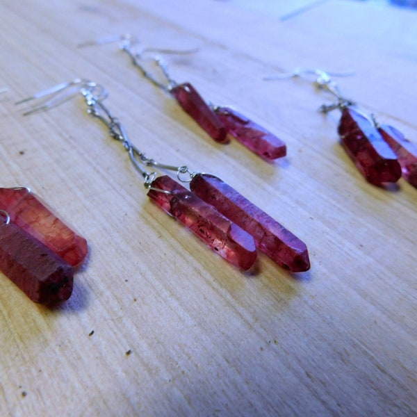 Alien Blood. Red crystal earrings,  Luminous Rough Raw red aura quartz,  Long dangles, Edgy Occult Minimalist sleek.  #FestiveEtsyFinds