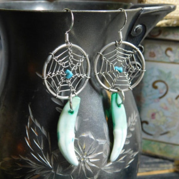 Coyote Clan. Dangle Earrings Solid Serling Silver Spider Web Dreamcatchers, Turquoise, & Genuine Coyote (Brush Wolf) Canines, stained green