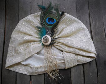 Rhiannon Queen of Birds. Antique 1910's Wedding Flapper Silver Metallic Fascinator Hat. French Metal Bullion, Peacock bird feathers, buttons