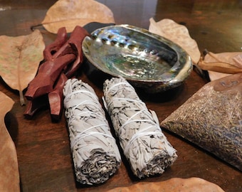Banishing Kit. Smudge kit. Sage Bundles, Abalone Shell, Tripod, Bone, Gemstones, Lavender & genuine dried Magnolia Leaves for wafting Pagan