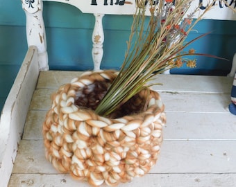 The Fluffy Giraffe | Super chunky Ultra Plush Versatile Hat or Decorative bowl. Hand crocheted soft white & ginger wool blend