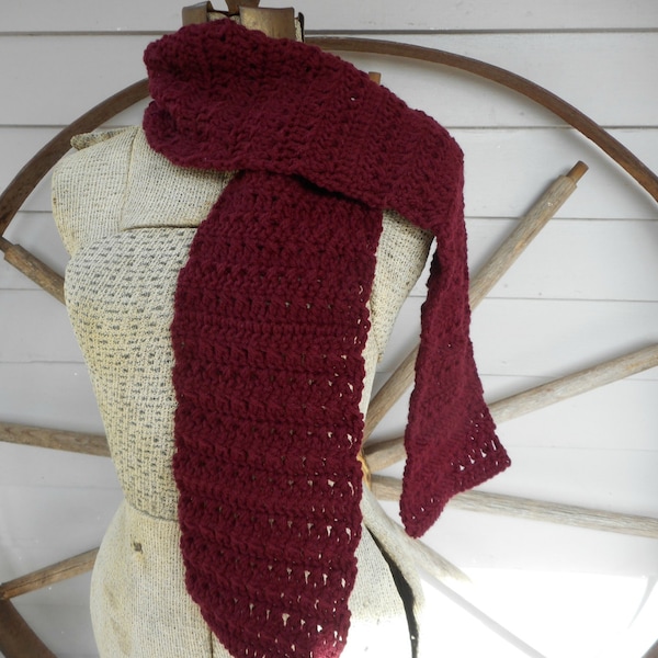 The Love For Blood Handmade Crochet Cable Scarf.  Oxblood Burgundy Red hand crocheted textured ribbed bohochic neck wrap. Winter boho scarf