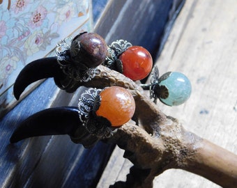 Bewitched.  Mini Crystal Ball Gemstone and antique Brass flourish & Filigree medallion Tea rings. Red Agate, Carnelian, Aventurine,