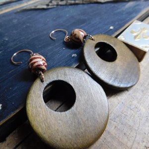 Wild Child. Boho Retro Big Hoop Earrings. Wooden hoops & Tiger striped wooden painted  beads  #FestiveEtsyFinds