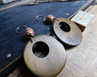 Wild Child. Boho Retro Big Hoop Earrings. Wooden hoops & Tiger striped wooden painted  beads  #FestiveEtsyFinds