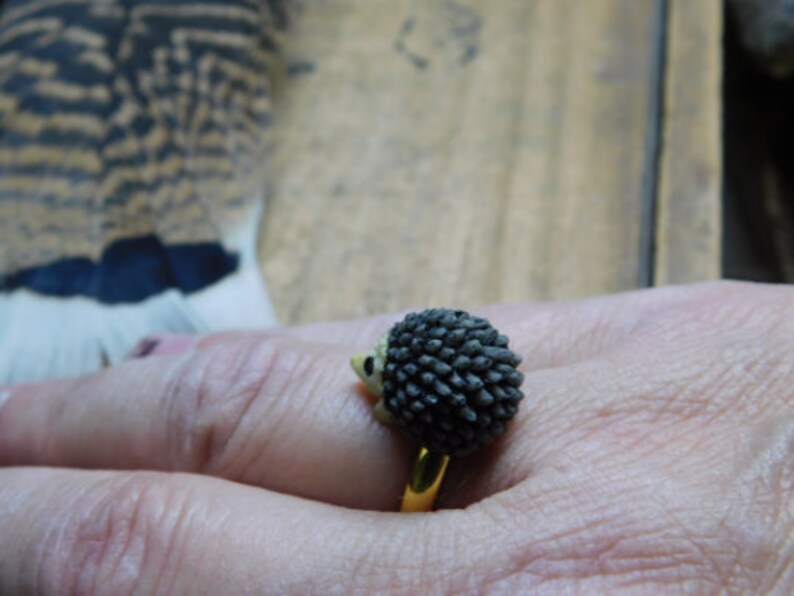 Hedgehog ring. Mini resin hedgehog on gold tone brass adjustable ring. Kawaii. cute. happy. kids ring. FestiveEtsyFinds image 5