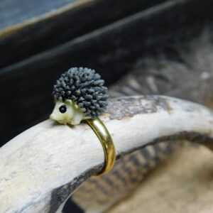 Hedgehog ring. Mini resin hedgehog on gold tone brass adjustable ring. Kawaii. cute. happy. kids ring. FestiveEtsyFinds image 2