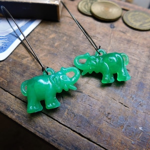 Two by Two. Vintage Celluloid Emerald Green Circus Elephant charms upcyled earrings. Gumball Machine Cracker Jack Box Surprise