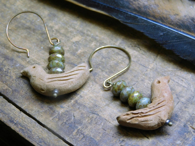 Tiny carved Terra Cotta birds /& Mushroom Czech glass rondelles Nightingale Earrings