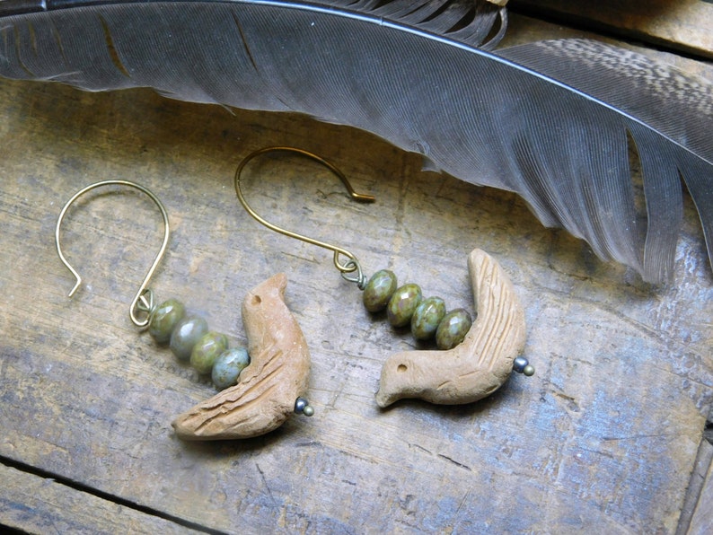 Tiny carved Terra Cotta birds /& Mushroom Czech glass rondelles Nightingale Earrings
