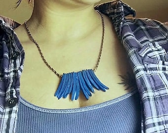 Frayed. Cobalt blue coconut stick bead fringe necklace. Handmade eco friendly rustic necklace  #FestiveEtsyFinds