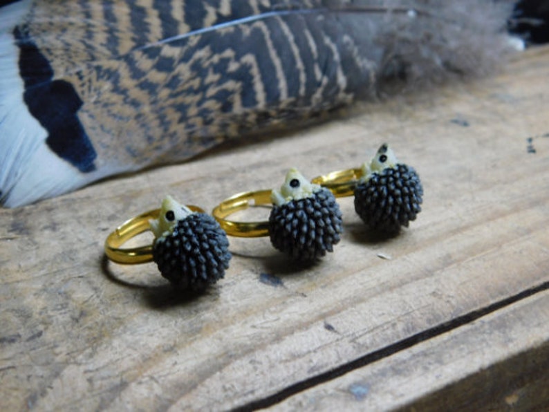 Hedgehog ring. Mini resin hedgehog on gold tone brass adjustable ring. Kawaii. cute. happy. kids ring. FestiveEtsyFinds image 6