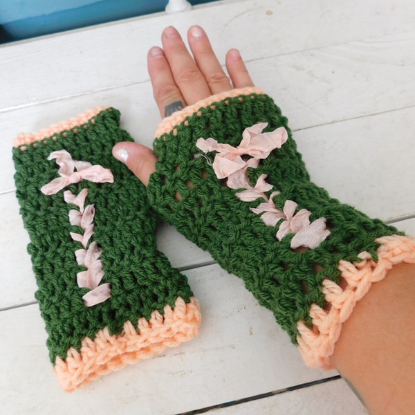 Victorian Style Corset Parlor Gloves. Handmade Crochet Fingerless Arm warmers . "Fizzy Peach Tree" Olive & Peach with Seam Binding Lacing.