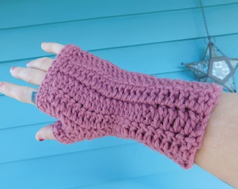 The Ramblin' Rose Handmade Crochet Boho Fingerless Gloves. Dusty Rose Pink Half Thumb Crocheted Arm warmers. Fall & Winter fashion gloves