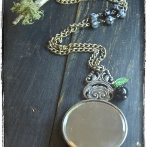 Mirror, Mirror, on the wall. Snow White & Wicked Queen Fairytale necklace. Antique pocket mirror, black snowflake obsidian, poisoned apple