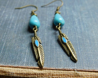 Osyka. Adelaarsstam.  Bronzen verenbedeloorbellen met turkooizen howlietstenen.  #FestiveEtsyFinds