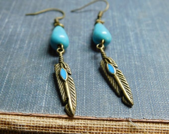 Osyka. Eagle Tribe.  Bronze Feather charm earrings with Turquoise Howlite stones.  #FestiveEtsyFinds