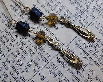 Euphoria Dangle Earrings. Black Tourmaline, golden metallic fringe like embellisments, Honey Topaz Crystal Rondelles. Flapper style jewelry