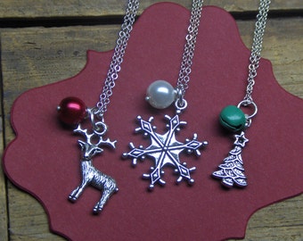 Christmas Gift. Secret Santa. Grab Bag Holiday Necklaces Cute gift idea for mom teacher grandmother.  Reindeer / Snowflake / Christmas Tree