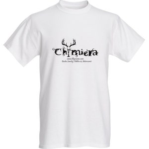 May include: White t-shirt with a black graphic of a deer skull with antlers and the word "Chimiera" in a stylized font. The text below the graphic reads "www.Chimiera.com" and "Boho Jewelry, Oddities &  Remembrances".