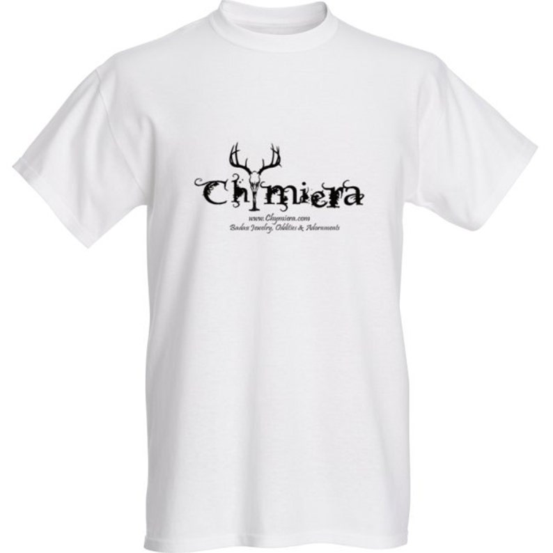 May include: White t-shirt with a black graphic of a deer skull with antlers and the word "Chimiera" in a stylized font. The text below the graphic reads "www.Chimiera.com" and "Boho Jewelry, Oddities &  Remembrances".