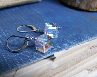 The Illusionist. Aurora coated AB Quartz Crystal Cubes & Sterling silver post dangle leverback earrings. 6mmx6mm cubist earrings