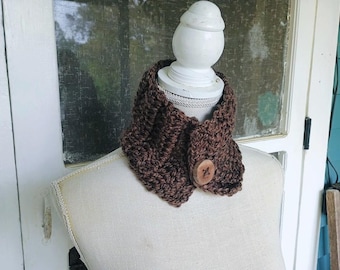 Deadwood Inspired Crochet Accessories: The Farrier. Chunky Soft & Plushy Mottled Sable Brown Neck Wrap Cowl with Genuine Wood button. Rustic