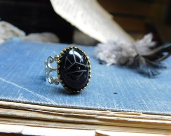 Nile Queen. Black Glass Scarab Cabochon Ring set in golden brass crown setting & on Silver Filigree adjustable Open ring band