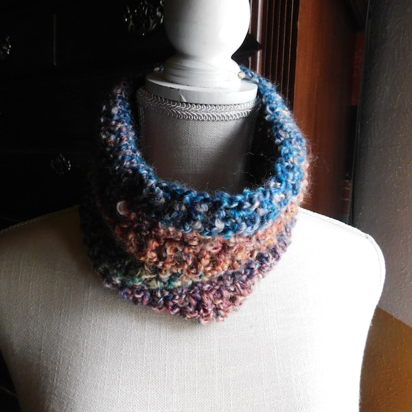 The Watermelon Tourmaline Scarf. Boucle Plush Rustic Handmade bohoc Gemstone Inspired Neck Cowl Infinity Scarf. Pink, Teal, Aqua, Blue, Reds