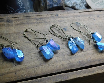 The Rain Wizard Quartz Crystal Earrings. Simple Rustic Silvery Steel Blue titanium coated rough quartz points earrings  #FestiveEtsyFinds