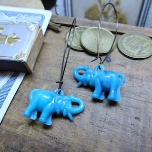 Two by Two. Vintage Celluloid Turquoise Circus Elephant charms upcyled earrings. Gumball Machine Cracker Jack Box Surprise