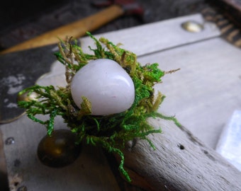 Sugar Quarry. Polished rose quartz Specimen & green lichen genuine moss adjustable diorama cocktail statement OOAK handmade ring