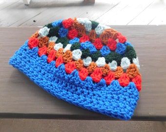 The Peacock Granny Square Handmade Crochet Boho cap Hat. Granny square hat, crochet hand stitched Royal blue, light blue, copper, red, green