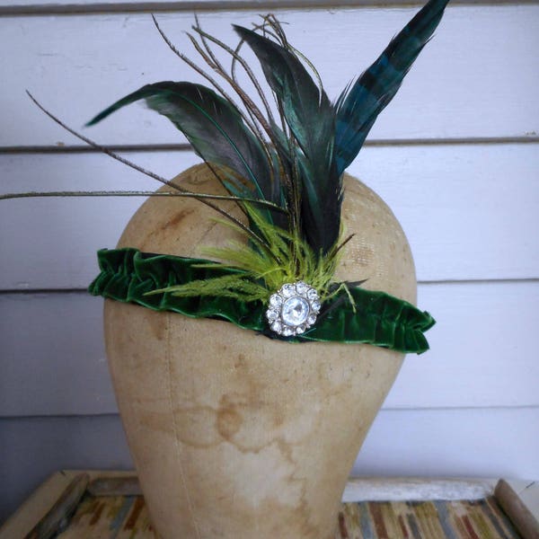 The Lady Olwen Fascinator Flapper style headband. osfa Forest green Velvet. Lime Ostrich & Emerald Green Rooster Feathers, Rhinestone Button