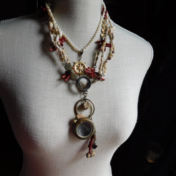 The Lost Lorelei Necklace Trio Assemblage. Genuine Pearls, Captains Wheel,  Red Coral, Shells, Barnacle, Shark Tooth, Ship Parts, Watch Case