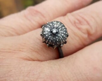 Sea Urchin Genuine Diamond & Sterling Silver One of a kind Handmade Rustic Sea Lovers Engagement or Promise Ring .  #FestiveEtsyFinds