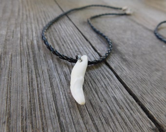 Little Wolf. Genuine White Genuine Coyote tooth canine necklace on Faux Braided Leather Cord. Unisex. Men's. gift. stocking stuffer